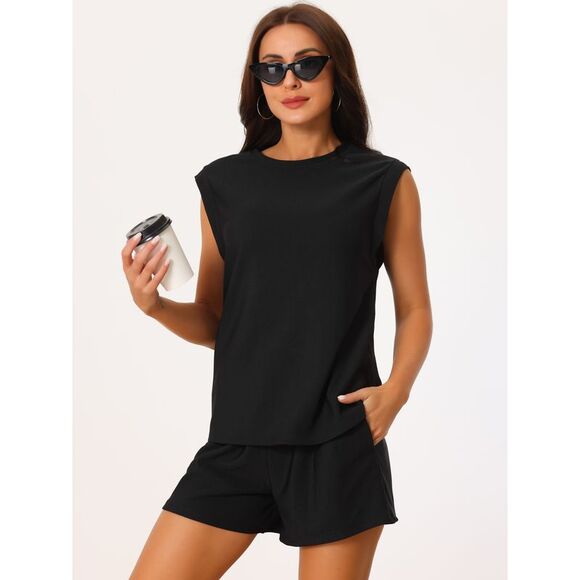 Two Piece Outfits Stretchy Sweatshirt Tank Top and Shorts Tracksuit Sets Black - Picture 3 of 6